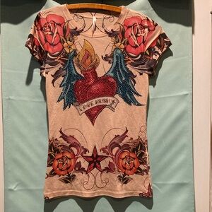 Women's Short Sleeve Graphic Tee with Red Heart & Blue Wings - Cream